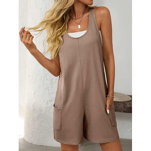 Damen Normal Strampler Aktiv Einfarbig Ärmellos U-Ausschnitt Tasche Täglich Urlaub Lässiger Schnitt Schwarz Rosa Staubiges Blau Sommer Image