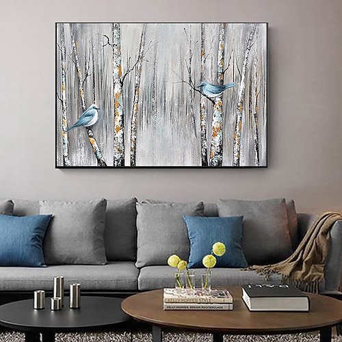 Handgefertigtes Ölgemälde auf Leinwand, Wandkunst, Dekoration, moderne abstrakte, blühende Vogelwaldlandschaft für Wohnkultur, gerolltes, rahmenloses, ungedehntes Gemälde Image