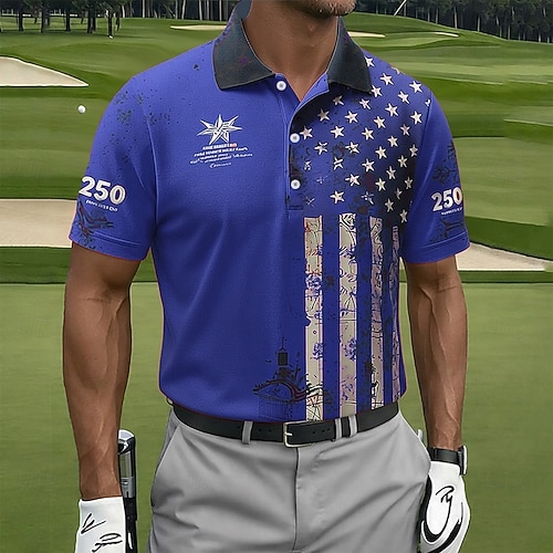 250. Jahrestag der Gründung der Vereinigten Staaten von Amerika, Veteranentag Herren Amerikanische US-Flagge Golf Sport-Poloshirts Kurzarm Polo-Shirts Hemden mit Kragen Lässig Athleisure Knöpfe Image