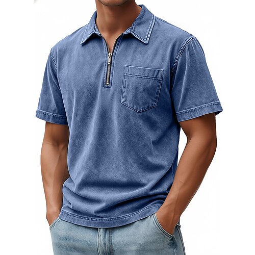Herren Reißverschluss-Polo Hemd aus 100 % Baumwolle in Säurewaschung Lässig Alltagskleidung Viertelreißverschluss Kurzarm Mode Basic Einfach Jeansstoff Tasche Betrübt Sommer Frühling Frühling Sommer Image