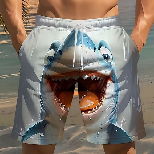 Herren Tiermotiv Cartoon Hai Badehosen Badeshorts Boardshorts Mittlere Taille Lustig Strandurlaub Seitentaschen Netzfutter Elastischer Kordelzug in der Taille Designer Bekleidung Image