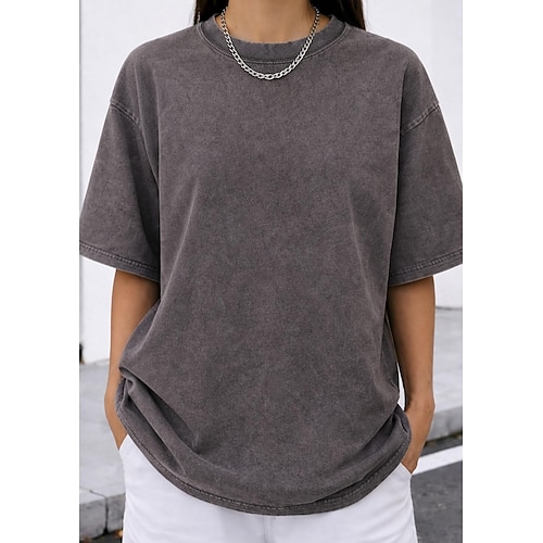 softfade™ Damen-T-Shirt aus 100 % Baumwolle, Oversize-Schnitt, Vintage-Waschung, einfarbig, Vintage-Stil, lässig, Kurzarm, Rundhalsausschnitt, normale Passform, für Alltag und Freizeit, in den Farben Bordeauxrot, Schwarz, Dunkelgrün und Lila Image