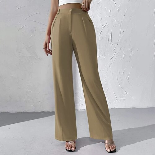 Damen Hose Anzughose Sommerhose Urlaub Mode Alltagstauglich Volle Länge Hohe Taille Einfarbig Einfach Reißverschluss Tasche Weites Bein Komfort Leicht Weich Mikroelastisch Streetwear Strand Ferien Image