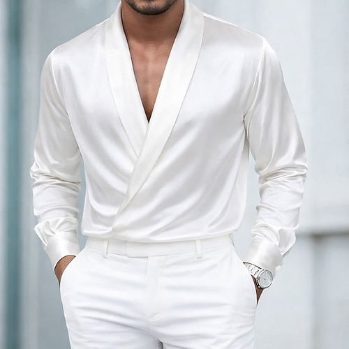 Herren Hemd Satinhemd Kleidhemd Knopfhemd Abschlussballhemd Einfach Hochzeit Formell Hellblau Schwarz Weiß Rote Langarm Schalkragen Frühling Ganzjahres Bekleidung Image