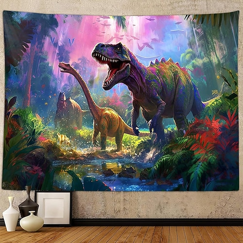 Wandteppich mit Dschungel-Dinosaurier-Motiv: T-Rex, blau und rot, Blitz und Himmel, Kinderzimmer, Spielzimmer, Gaming-Zimmer-Hintergrund Image
