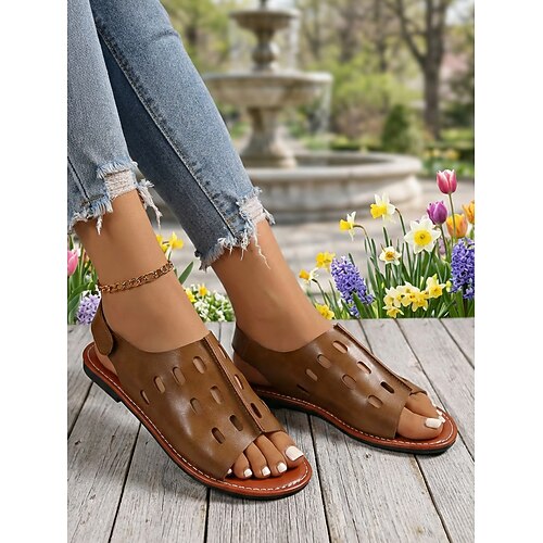 Damen-Sandalen in Armeegrün mit Perforation und offener Zehenpartie – atmungsaktives Design mit Cut-outs, leichte Freizeitschuhe für Sommer, Reisen, Freizeit im Freien und Alltag Image