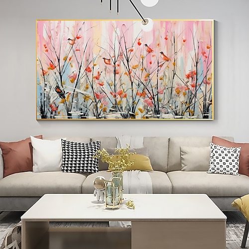 Handgefertigtes Original-Ölgemälde mit Blumen und Pflanzen auf Leinwand, Wandkunst-Dekor, abstraktes Vogelgemälde für die Inneneinrichtung, mit gespanntem Rahmen/ohne Innenrahmen Image