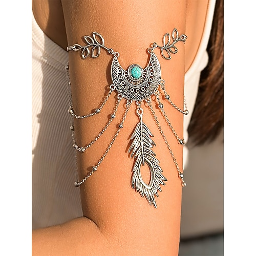 Türkises Armreif-Armband für Damen im Bohemian-Stil – Tribal-Blattkettenschmuck mit Mondmedaillon für Festivals, Sommerpartys und Strandbekleidung Image