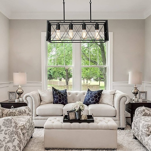 LED-Pendelleuchte 25-Zoll-4-Licht-zeitgenössische Bauernhaus-lineare Kronleuchter schwarze industrielle Vintage-Kücheninsel-Metallkäfig-Deckenleuchten für Wohnzimmer-Esszimmer Image