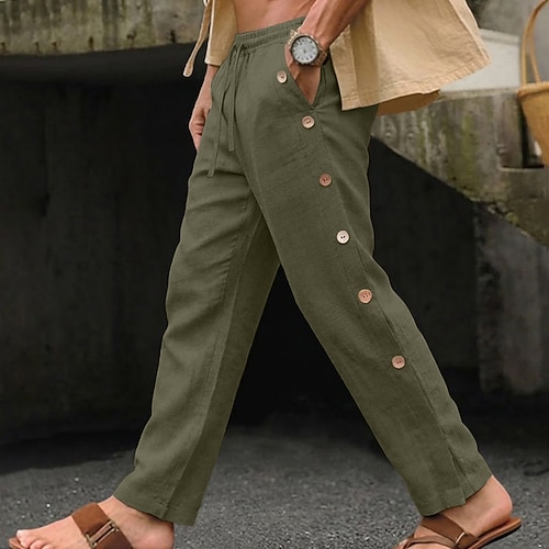 Herren Leinenhosen Sommerhose Kordelzug Elastischer Bund Seitenknopf Einfach Bequem Atmungsaktiv Volle Länge Lässig Täglich Outdoor Urlaub Klassisch Schwarz Weiß Unelastisch Image