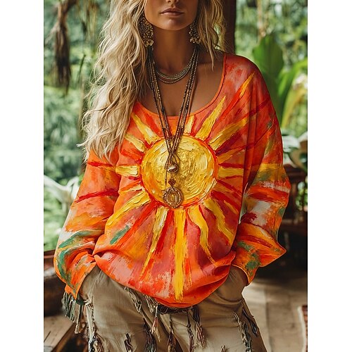 Damen Boho-T-Shirt T Shirt T-Shirt Druck Grafik Vintage Ethnisch Lässig Langarm V Ausschnitt Normale Oberteile Täglich Wochenende Urlaubskleidung Gelb Rote Orange Grün Regenbogen Frühling Herbst Image