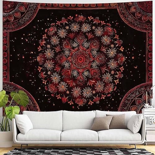 Boho-Wandteppich in Dunkelrot und Kastanienbraun mit Mandala-Muster, aufwendigem Blumenmedaillon, Sternenhimmel-Motiv, Boho-Stil, ethnische Kunst, Wohnaccessoires, Wohnzimmer- oder Image