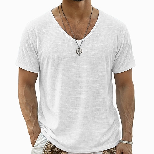 Herren T-Shirt Leinen-T-Shirt Kurzarm V Ausschnitt Sommer Einfarbig Einfach Mode Designer Basic Basic Weich Lässig Urlaub Straße Hellblau Weiß Schwarz Top T-Shirt für Herren Image