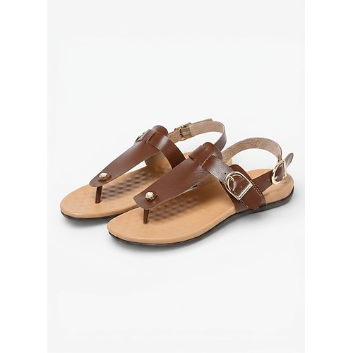Dunkelbraune Zehentrenner-Sandalen für Damen mit T-Riemen, bequeme, lässige Sandalen mit Kunstperlenbesatz und verstellbarer Schnalle – ideal für Strand, Reisen und Urlaub im Sommer. Alltagskleidung Image