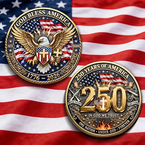 Gedenkmünze zum 250. Jahrestag der USA mit patriotischem Adler- und Kreuzmotiv und dem Aufdruck „God Bless America" (Sammlerstück). Image