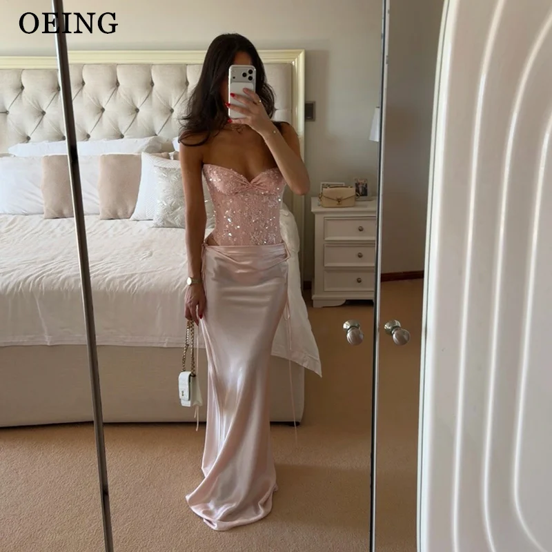 OEING Sexy Pink Mermaid Prom Dress Silky Sweetheart Sleeveless Illusion Sequined Pleats Party Dress vestidos Customized