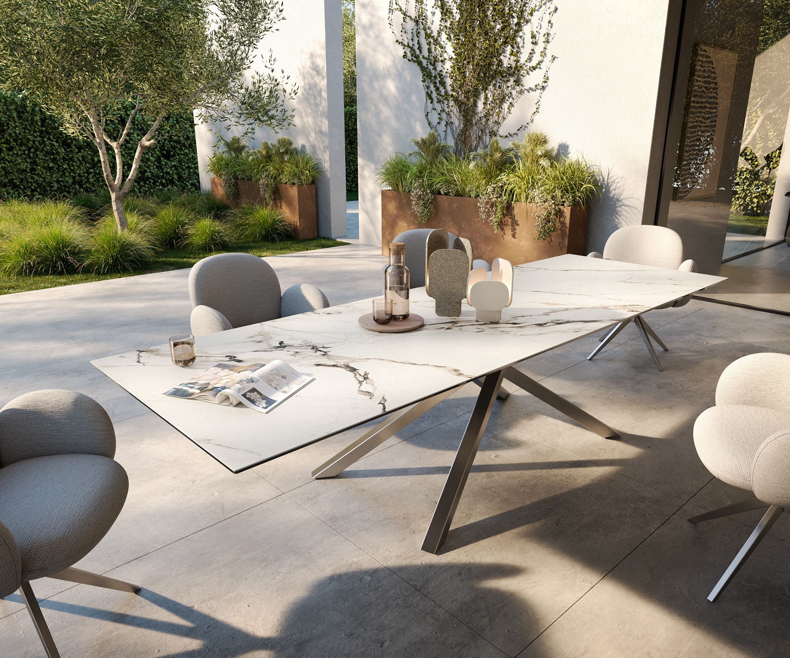 DELIFE Outdoortisch Edge 300x100 cm Keramik Calacatta Luxe Weiß-Gold-Grau Kreuzgestell Rechteck Edelstahl, Outdoortische - DELIFE