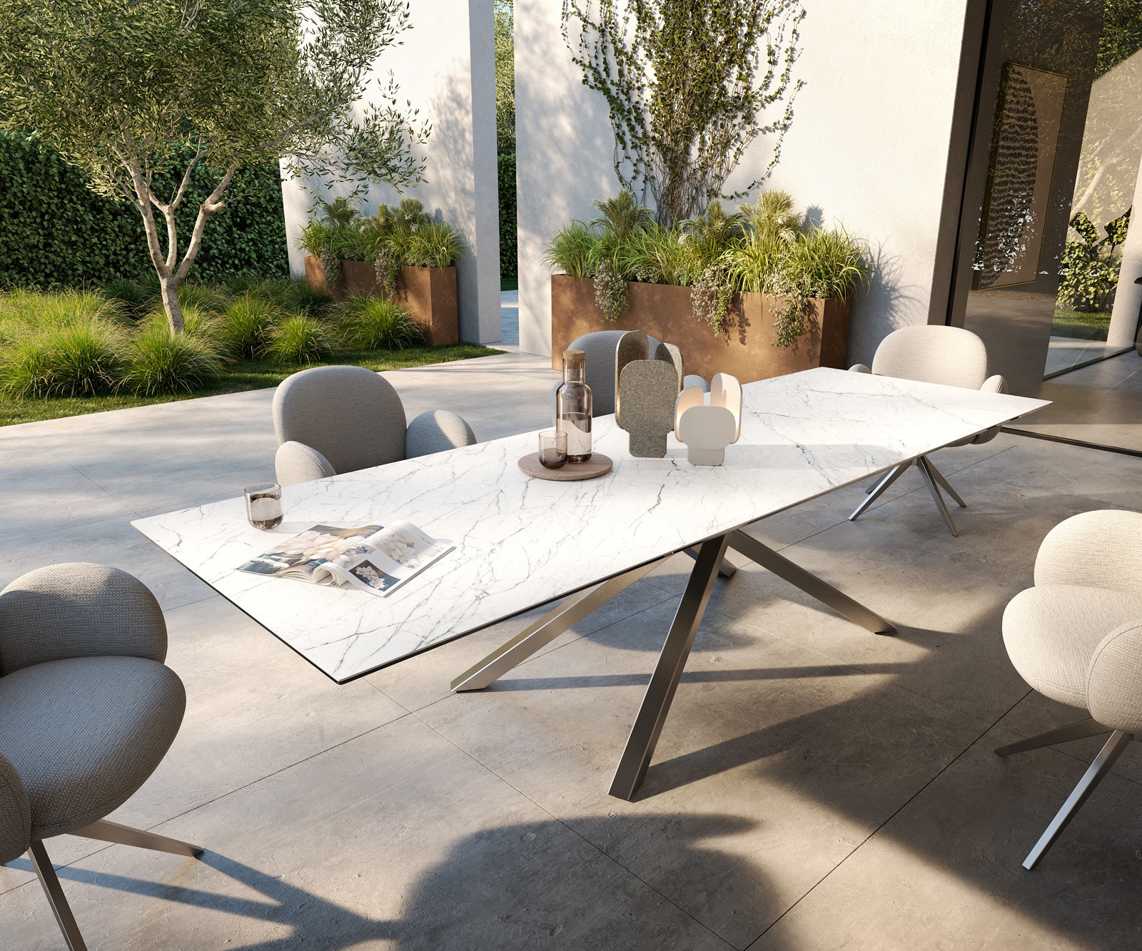 DELIFE Outdoortisch Edge 300x100 cm Keramik Laminam® Statuarietto Weiß Kreuzgestell Rechteck Edelstahl, Outdoortische - DELIFE