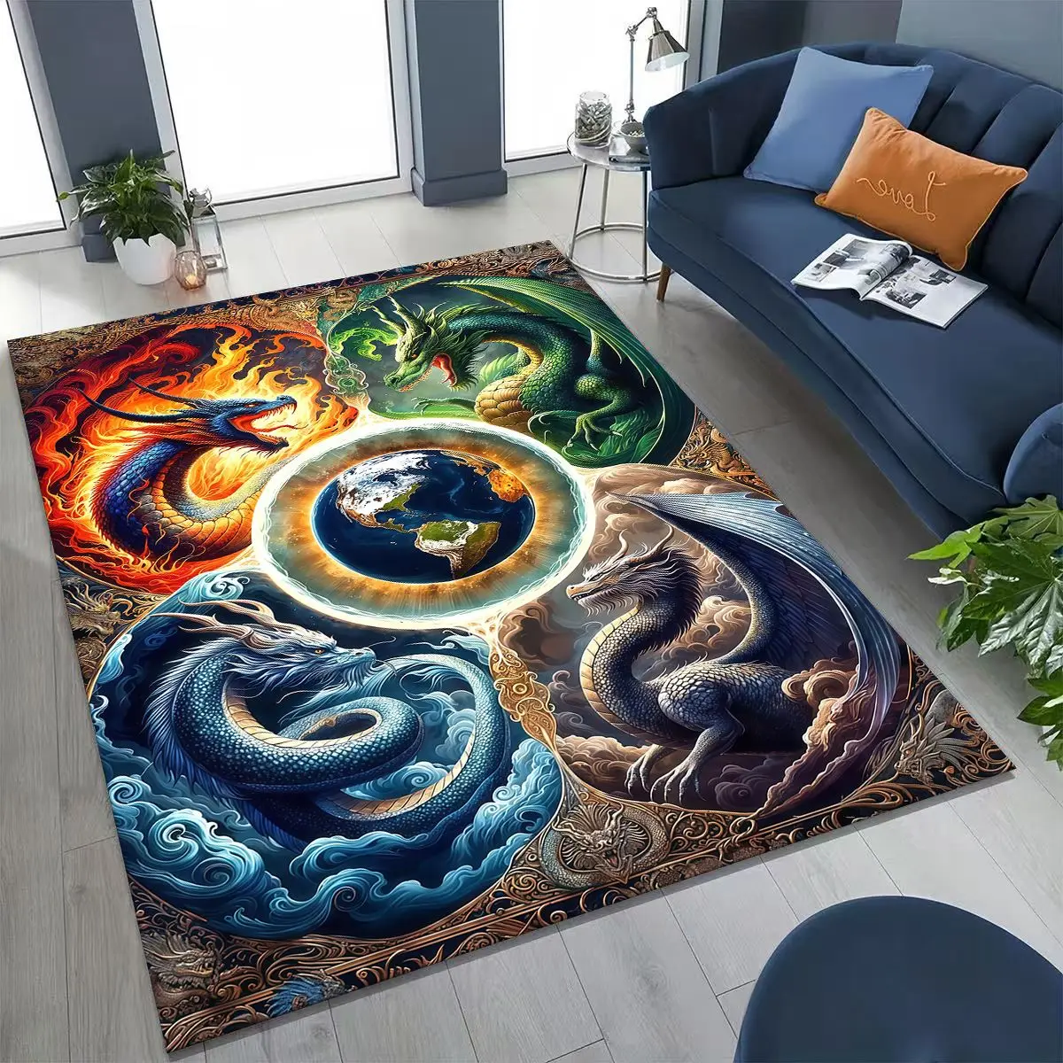 Magic Dragon Mythology Art Chinese Loong Cartoon Teppich für Schlafzimmer Wohnzimmer Sofa Home Fußmatte Dekor, große rutschfeste Bodenmatte Image