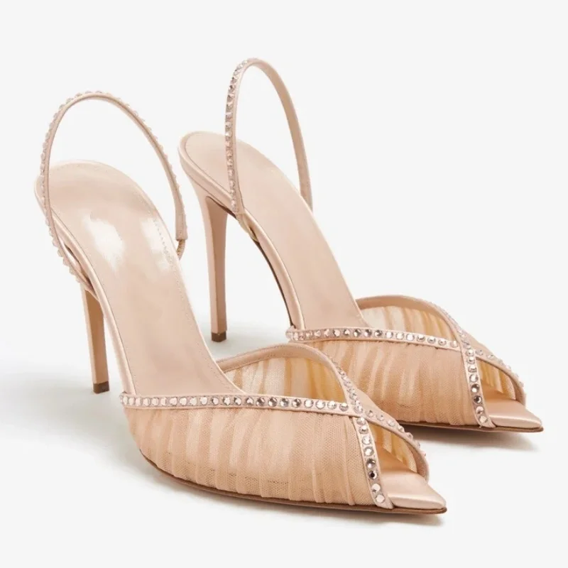 Trendige Damenschuhe 2026 Damen-Sandalen mit Hohen Absätzen Sommer Luxus-Schuhe Nude Rosa Mesh Slingback Stiletto Party Laufsteg-Sandalen