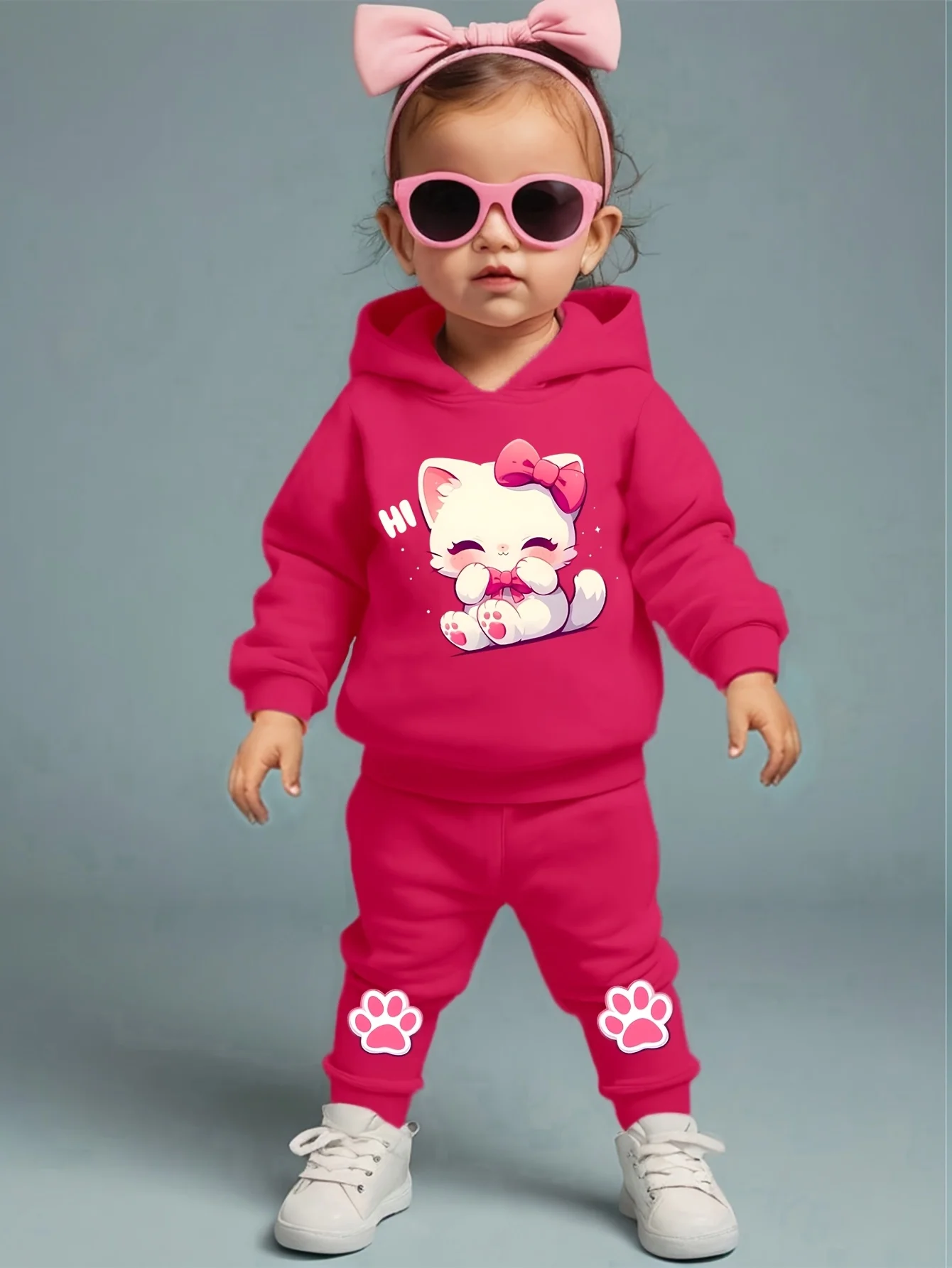 Niedlicher Cartoon-Katzenmuster-Langarm-Fleece-Strampler + lässige Sporthose, Set für Babys, Mädchen, Frühling und Herbst, Geschenk Image