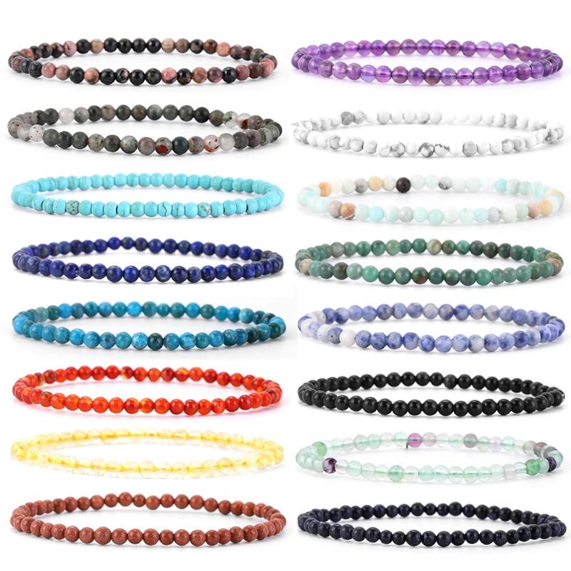 Natürliche Stein 4mm Perlen Armband Für Frauen Männer Amethysten Kristall Quarz Jade Schmuck Achate Elastische Armreif Armbänder Image
