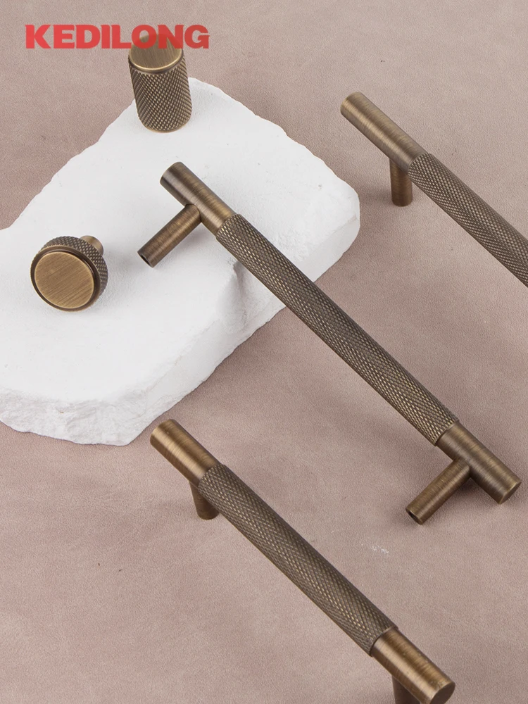 KEDLO massives Messing, europäischer Retro-Rändelgriff, Küchenschrank, antikes Messing, T-Griff, Schublade, Kupfer, langer Griff