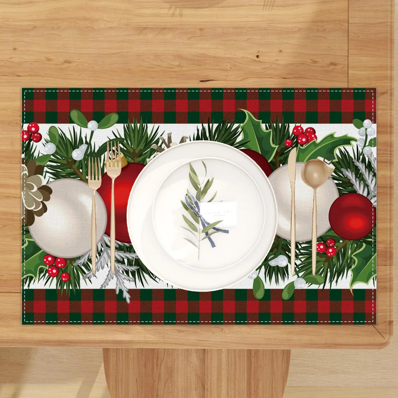 VIKAMA4/6/8/10 Stück Leinen bunte karierte Weihnachts-Tischsets Bauernhaus Winter Urlaub Zuhause Küche Esstisch Dekor Image