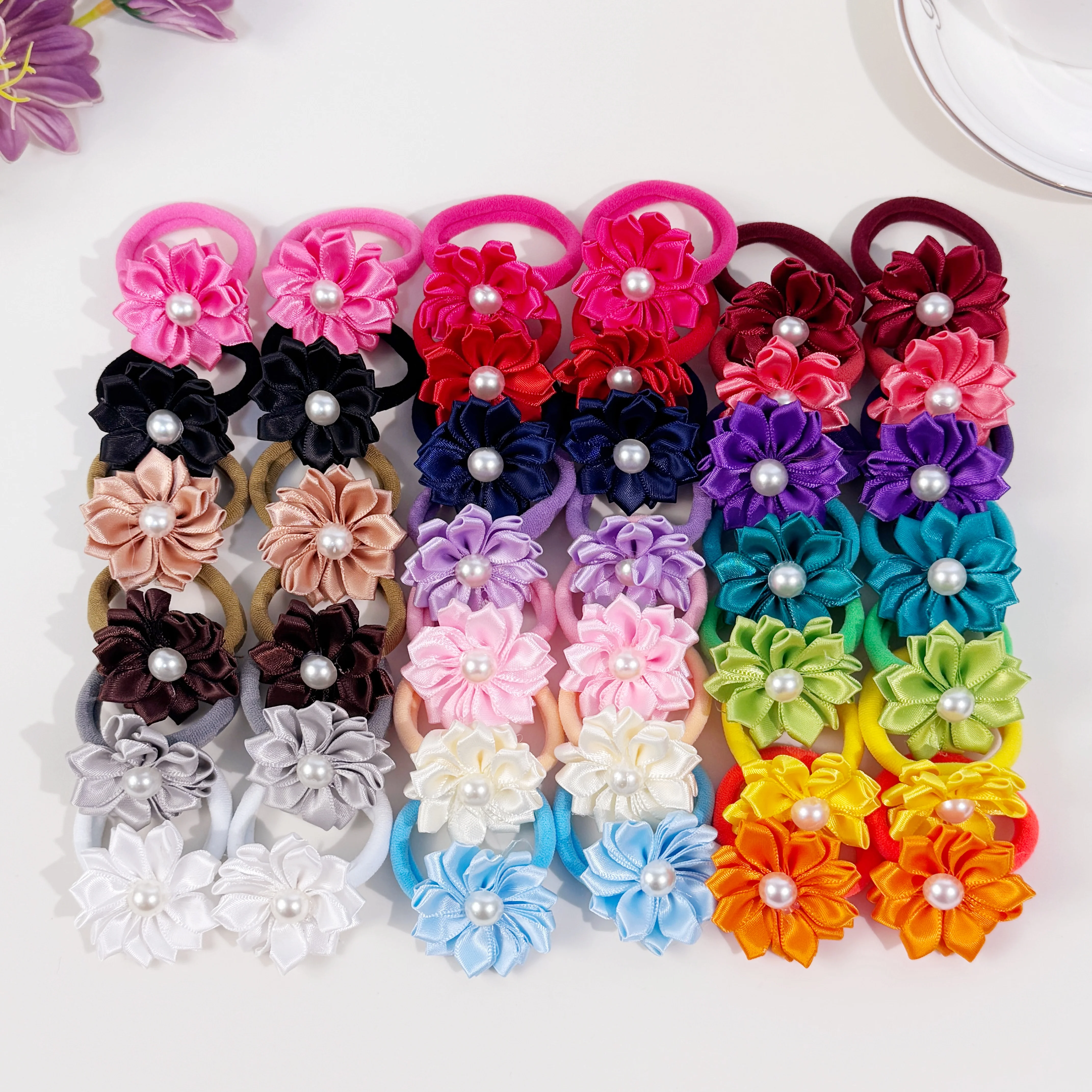 20/40 stücke Mode Perle Blume Haar Bands für Mädchen Floral Nylon Haar Krawatten Kinder Pferdeschwanz Halter Stirnbänder Haar zubehör Image