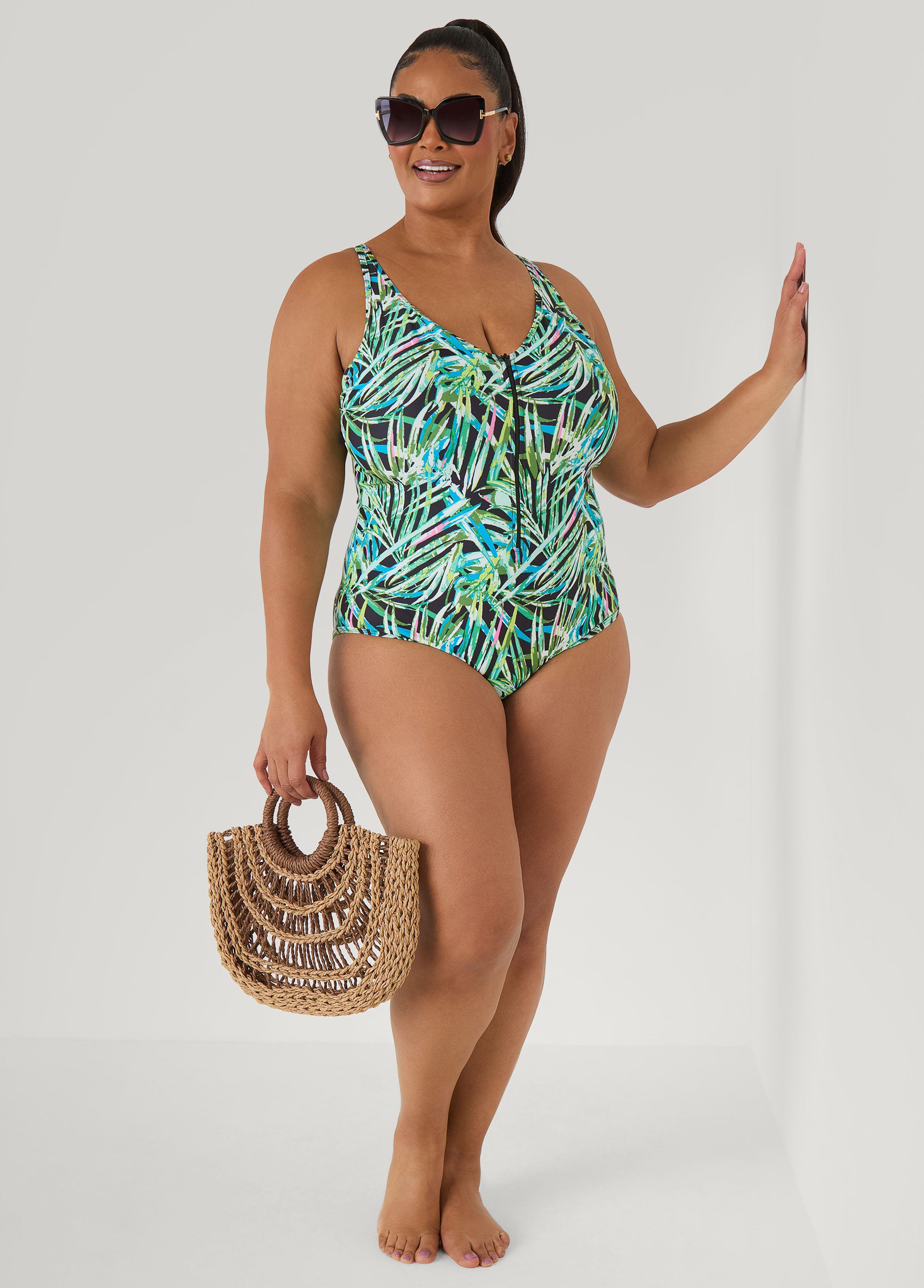 Plus Size Tropical Zip Front Swimsuit