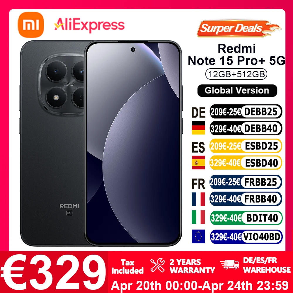 Versione Globale REDMI Note 15 Pro+ 5G Smartphone 5G 6.83" 100W HyperCharge 6500mAh Bluetooth 5.4 Snapdragon ® Xiaomi 7s Gen 4 con fotocamera da 200MP e NFC