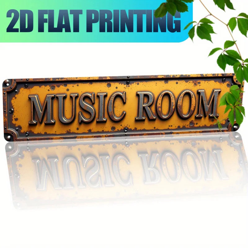 2DVintage „Musikzimmer“-Wandhalterung aus Metall – 16 x 4 Zoll Aluminium, rustikales Design mit abgenutztem Design, mit Musiksymbolen – einfach zu installieren Image