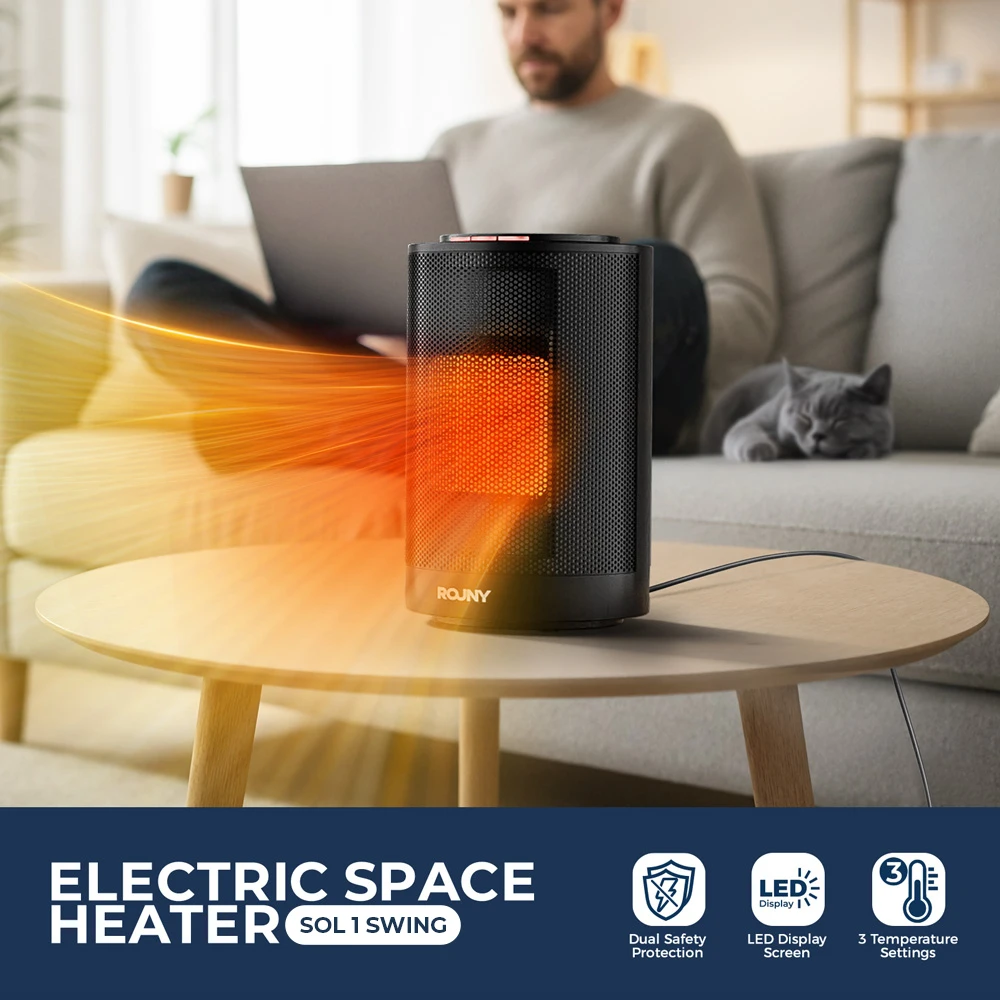 ROUNY Tragbarer PTC-Keramik-Raumheizer, 1200 W Tisch-Heizlüfter, 1 s schnelle leise Heizung für den Innenbereich im Schlafzimmer, Büro, Schwarz
