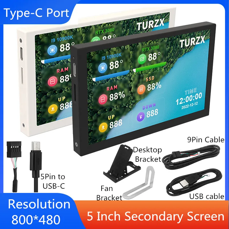 TURZX 5 Zoll IPS Typ-C Sekundärbildschirm Computer LCD-Display USB Dynamischer Mini-Monitor 800x480 Kein AIDA64-Bedarf Für Windows 10 11 Image
