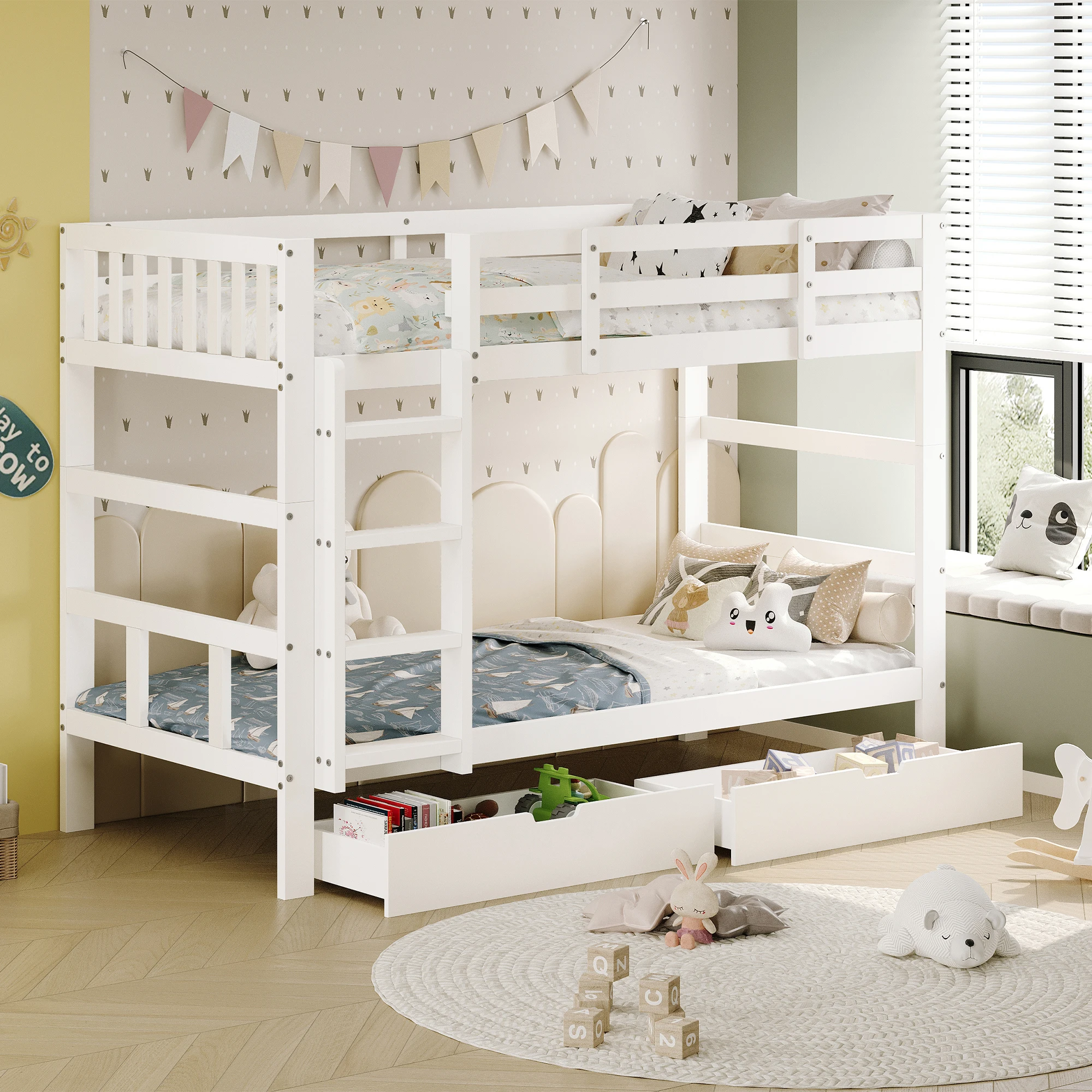 Rosahqnda Kinderbett 90x200 cm, Etagenbettgestell aus Massivholz mit Schubladen, für Jungen und Mädchen mit Aufprallschutz, Weiß Image