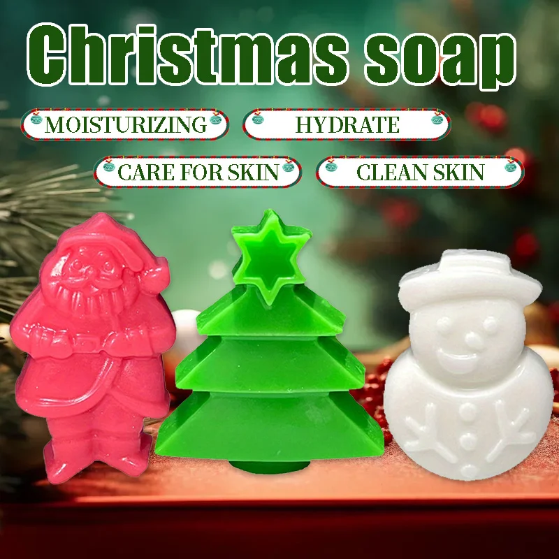 3 Stück Weihnachtsgeschenk-Box-Seife, Weihnachtsbaum, Weihnachtsmann, Schneemann-förmige handgemachte Seife, drei in einem, sanfte Reinigung Image