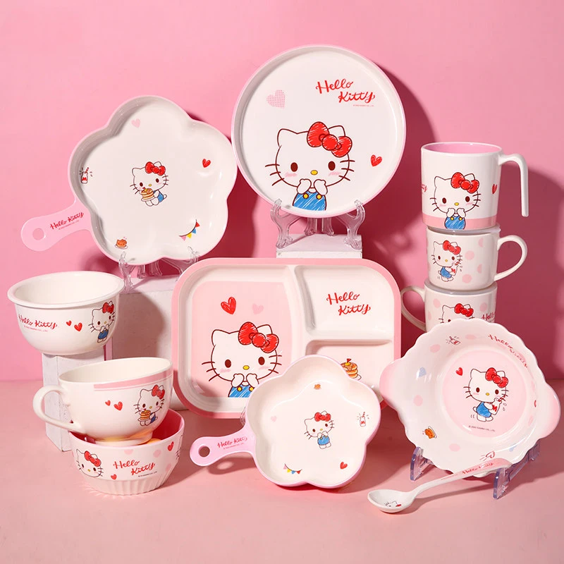 WUHE Hello Kitty Kinder Melamin-Schüsseln und -Teller Cartoon-Mädchen Geschirrset BPA-frei Unzerbrechliches Geschirr Spülmaschinenfest Image