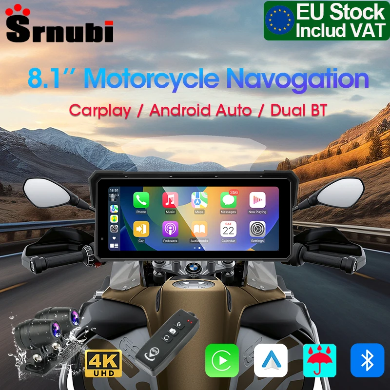 Srnubi 8,1" Touchscreen 4K DVR Tragbare GPS-Navigation Drahtlose CarPlay IP67 Wasserdicht Staubdicht Für Universal Motorräder Image
