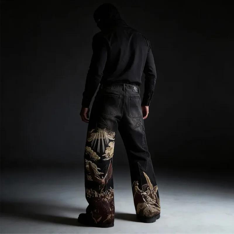 2025, amerikanische neue Mode, übergroßes Muster, bestickt, gewaschene Jeans, männlich, Y2K, Gothic-Rock, beliebte Hose mit hoher Taille und weitem Bein