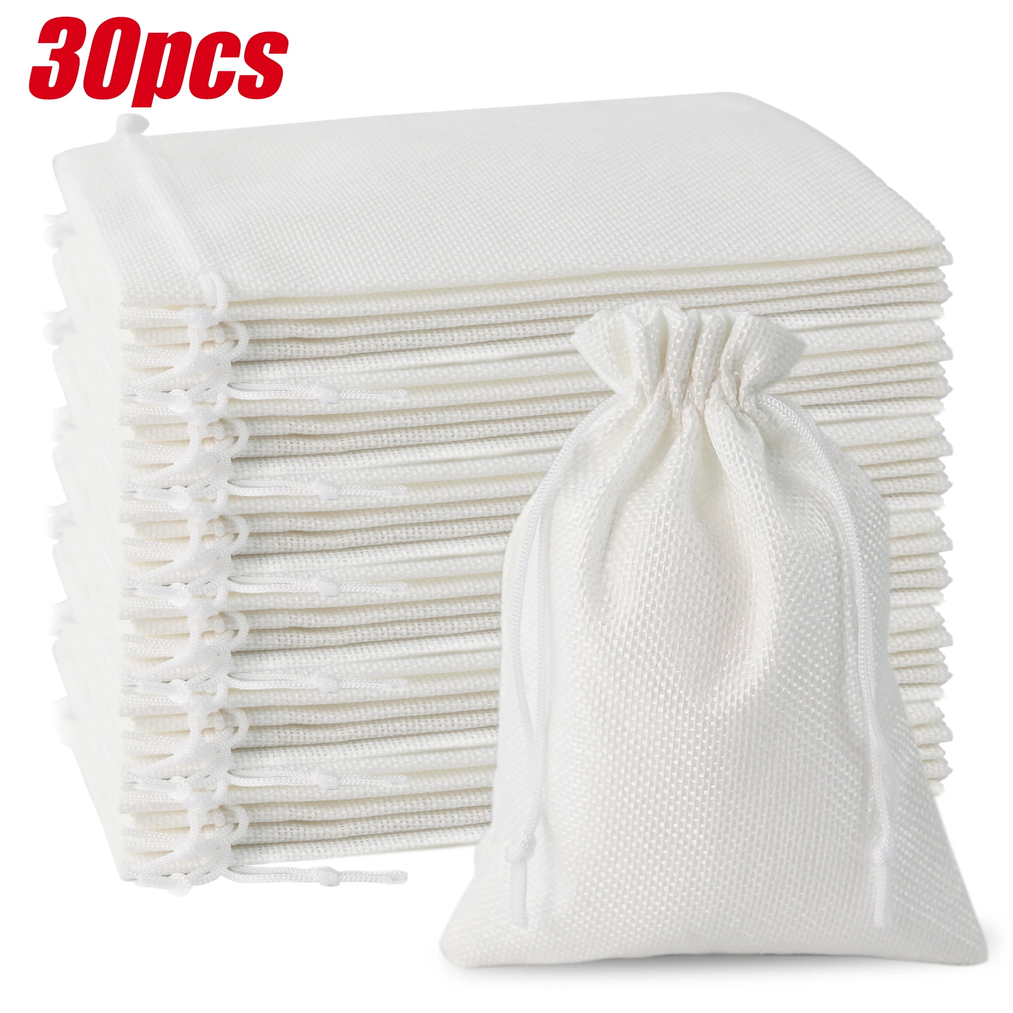 30 Stück weiße Sackleinenbeutel mit Kordelzug, Jute-Geschenk, DIY-Hochzeitsbevorzugung, Geschenktüte zum Verpacken von Süßigkeiten, Schokolade, Schmuck Image