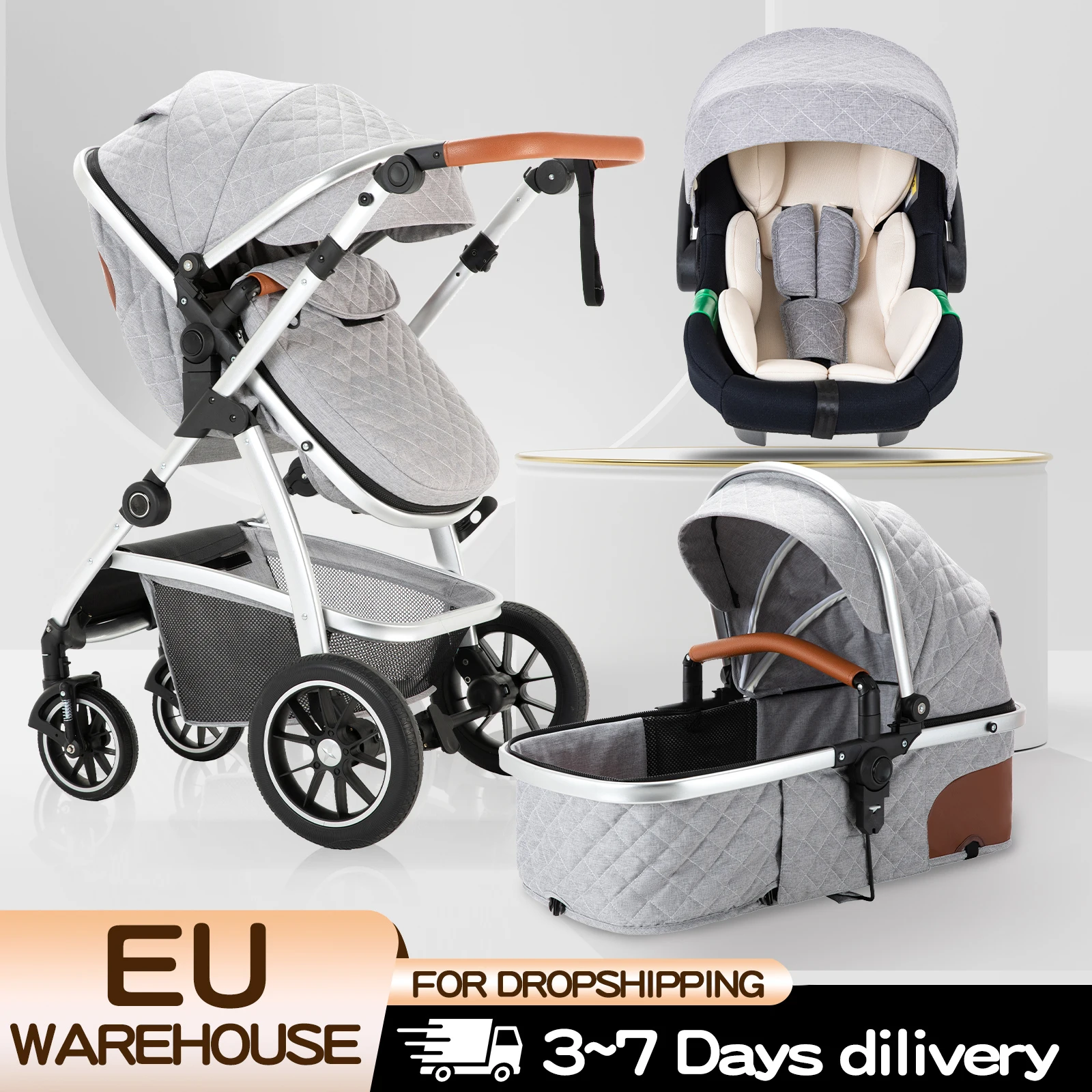 3-in-1-Kinderwagen, Hochlandschafts-Kinderwagen mit verstellbarem Griff, Reisekinderwagen mit Moskitonetz, Aluminiumrahmen, Multifunktions-Kinderwagen Image