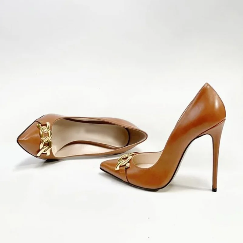 Goldkette Spitzschuh High Heel Pumps Braun Schwarz Mattes Leder 12CM 10CM 8CM Stiletto High Heels Bankettkleid Schuhe Größe 46