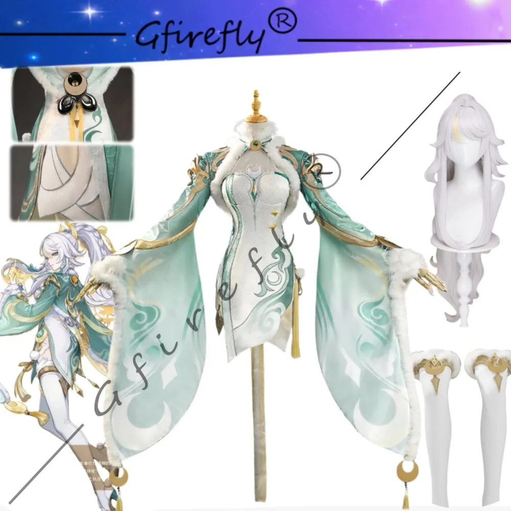 Genshin Impact Zibai Cosplay-Kostümset: Exquisites, elegantes weißes Qipao mit Socken, Accessoires, Perücke, Party, Comic Con, Auftritt
