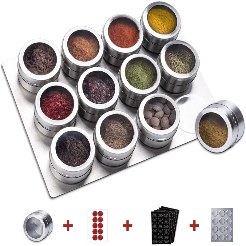 Magnetisches Gewürzglas-Set mit RU/EN-Etiketten, Aufklebern, Edelstahlbasis, Gewürzbehälter, Organizer, Pfeffer, Gewürzsprays, Dose Image