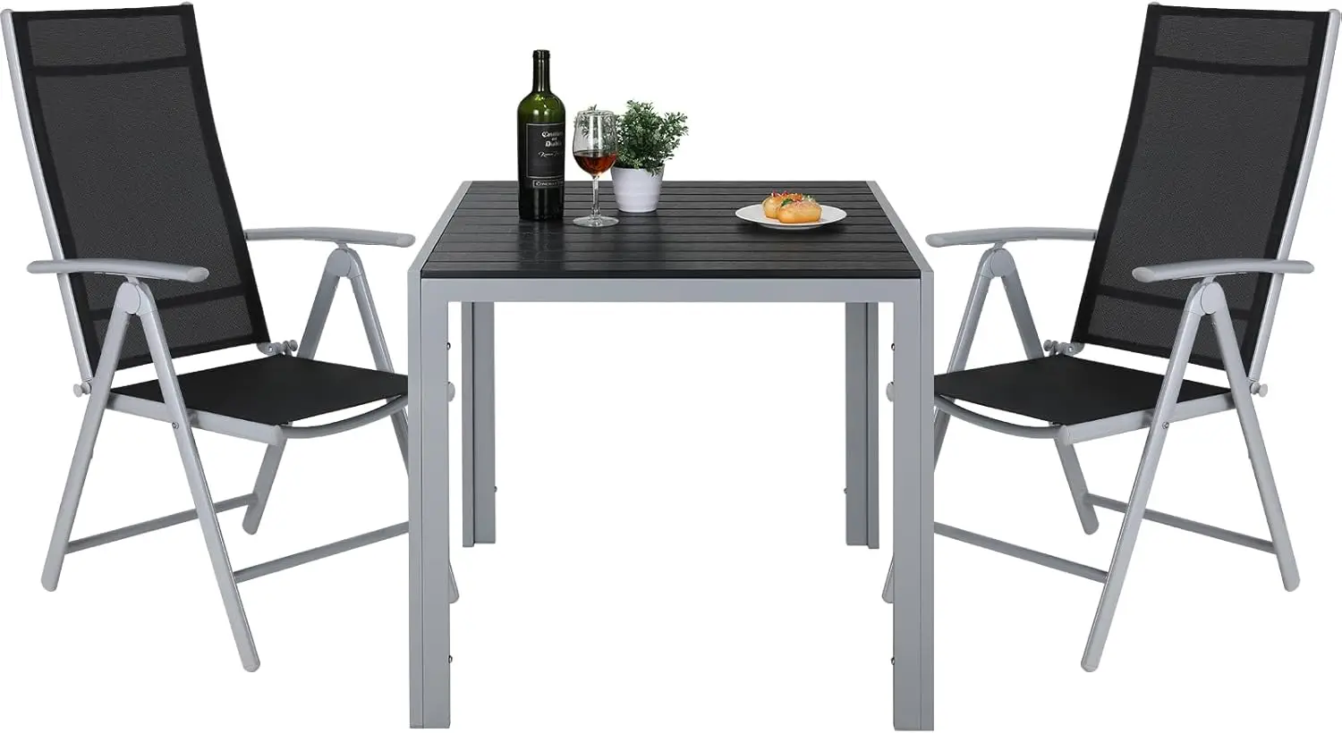 3-teiliges Gartenmöbel-Set, Aluminium-Balkonmöbel-Set, verstellbare Klappstühle mit hoher Rückenlehne + 1 WPC-Quadrattisch