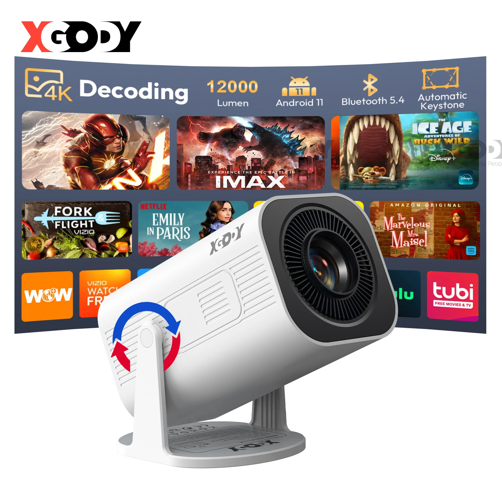 XGODY Gimbal 3 Pro 4K Projektor Wifi6 Android Mini Beamer 300 ANSI Dual WIFI BT5.4 1280*720P Heimkino Outdoor Tragbar Image