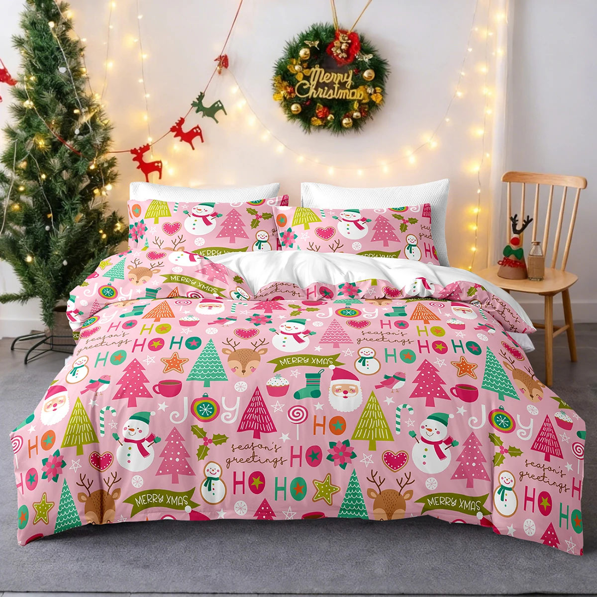 3 Stück/Set Weihnachts-Rentier-Schneemann-Bettwäsche-Set inklusive 1 Bettbezug und 2 Kissenbezügen, weich und hautfreundlich Image