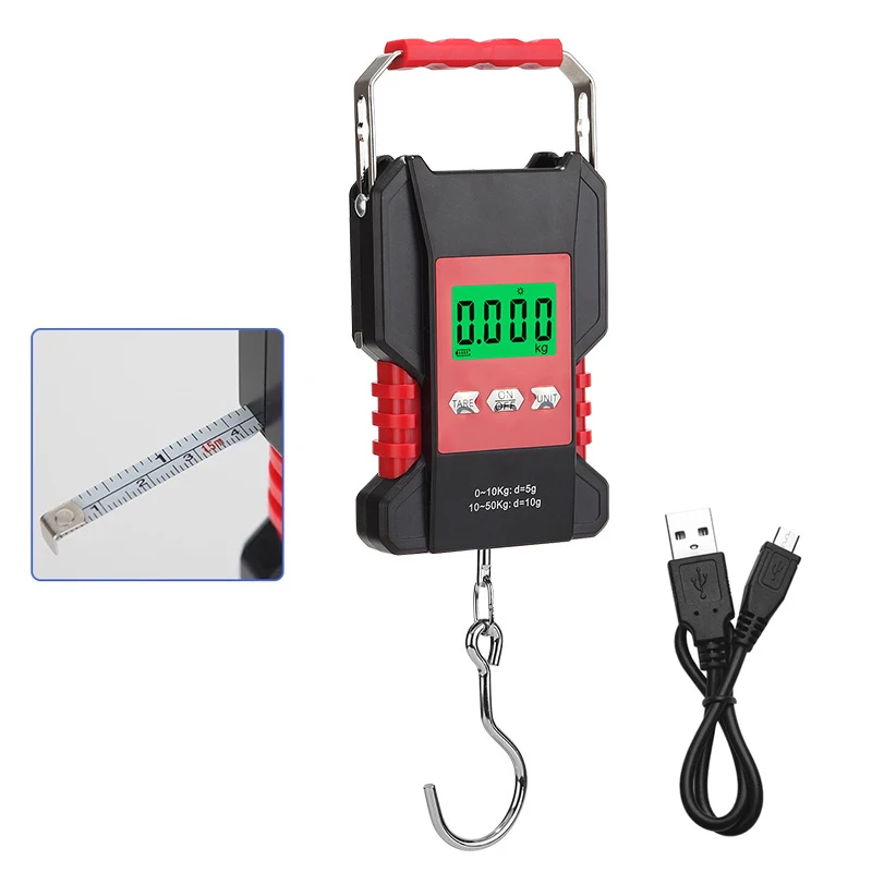 Neue digitale Hängehakenwaage, 50 kg, LCD-USB, wiederaufladbar, Gepäckwaage, wasserdichte elektronische Waage, eingebautes 1,5 m langes Klebeband Image