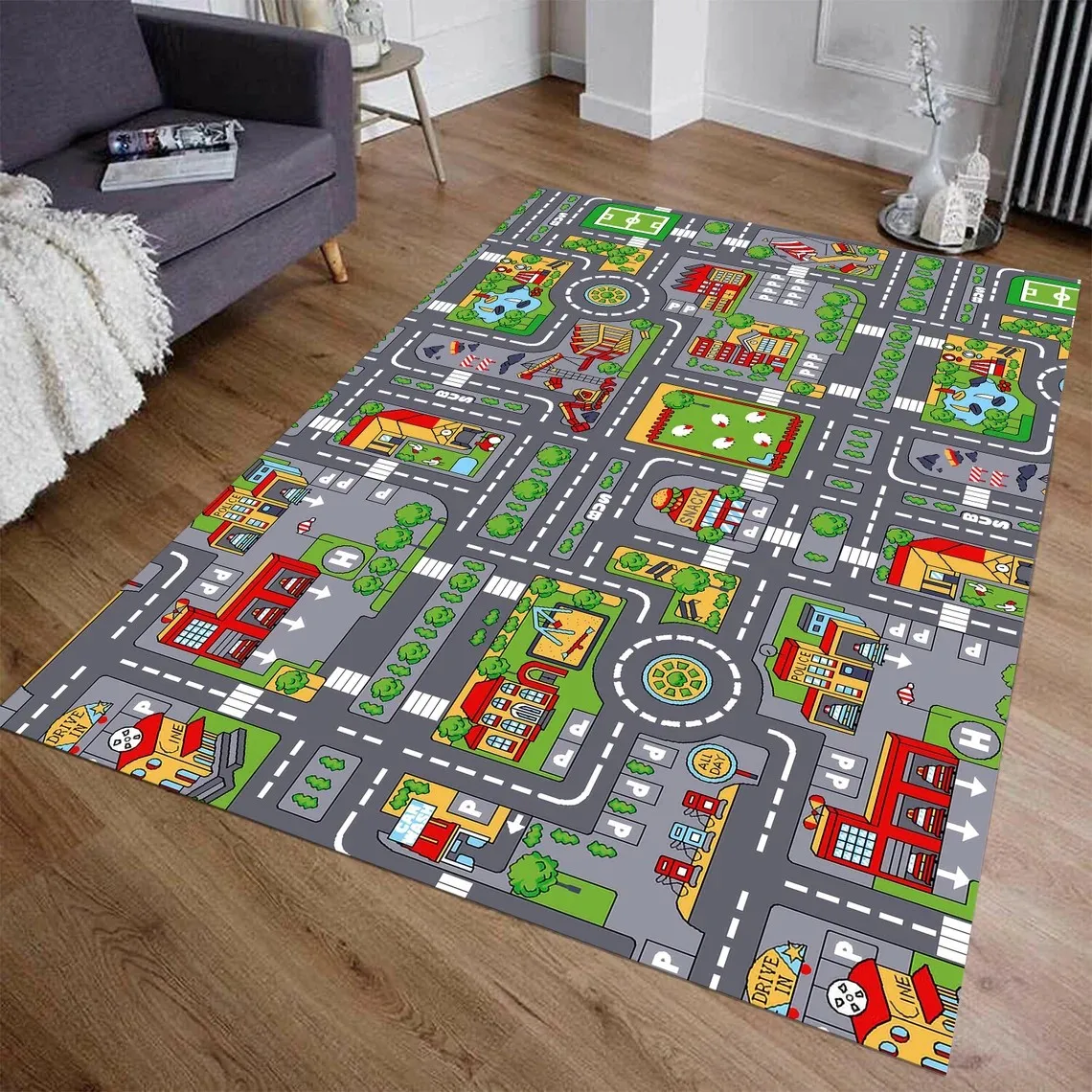Auto-Spielmatte für Jungen und Mädchen, Highway City, Teppiche mit Verkehrsthema für Kinder, Spielzeugautos, Kinderteppiche für Spielzimmer, rutschfester Kinderspielteppich