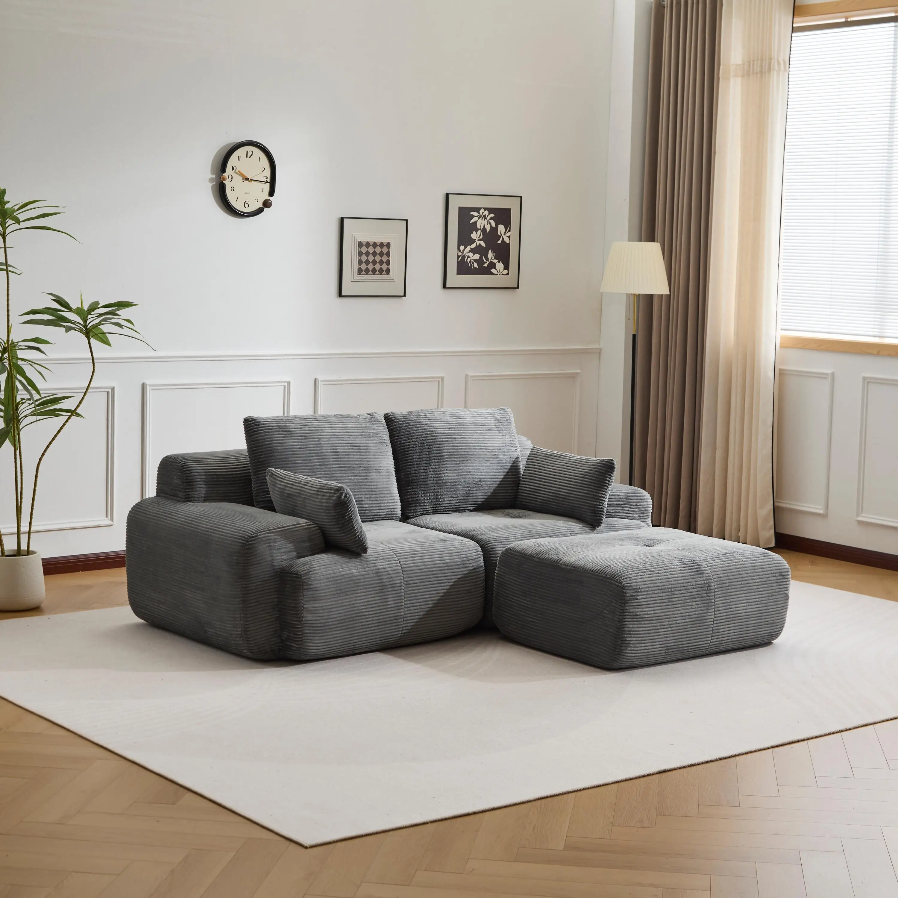 Graues Cord-Sofa mit Ottoman, Modernes Wohnzimmersofa mit Tiefsitz, Komfortables 2-Sitzer-Loveseat